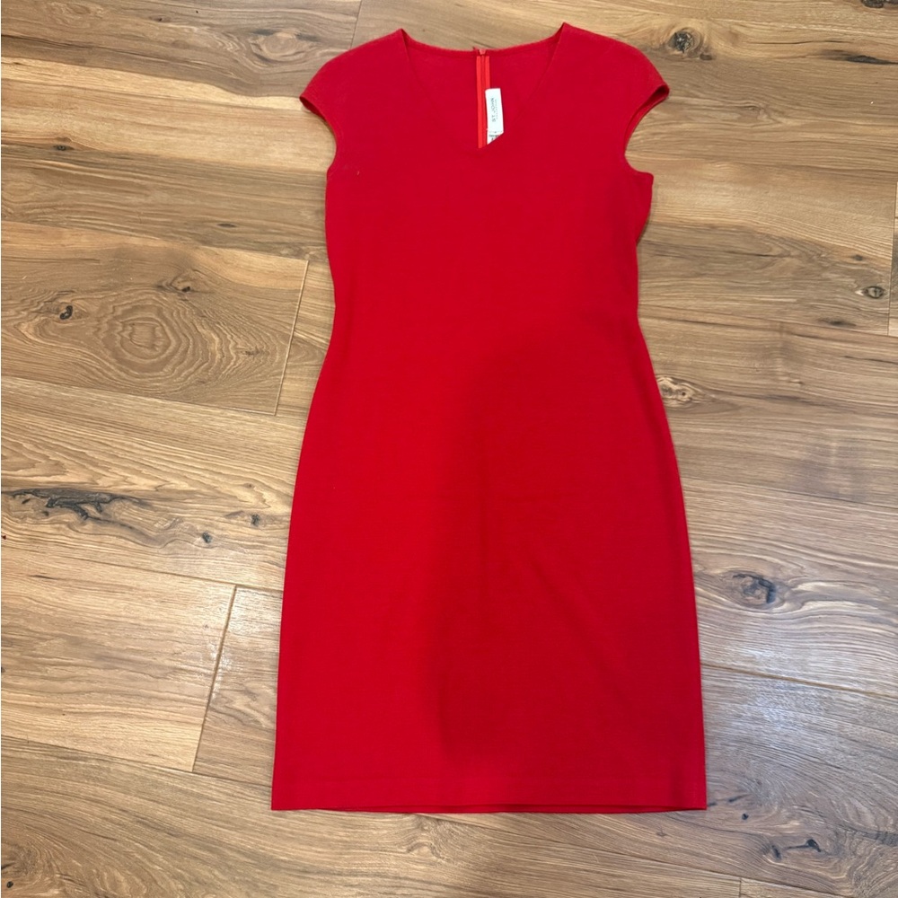 St. John Bright Red V-Neck Cap Sleeve Knit pencil dress